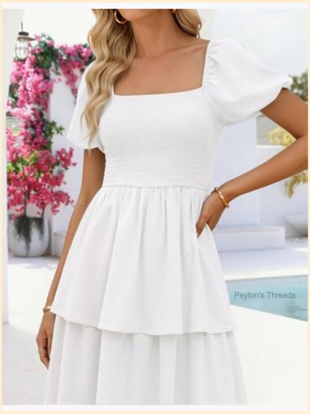 Summer Smocked Midi Dress Puff Short Sleeve Flowy Tiered Boho - Picture 6 of 7